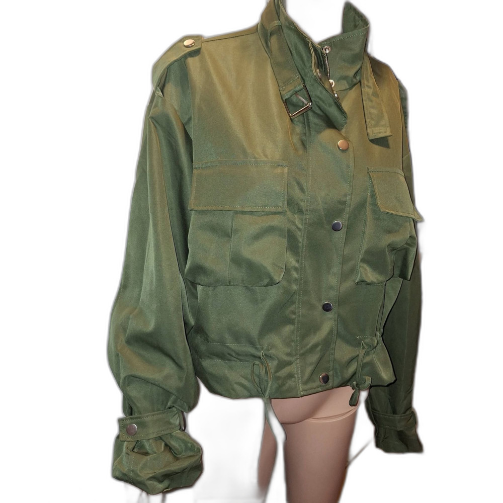 New Army Green Zip and snap gathered tied waist lined Jacket L to XL